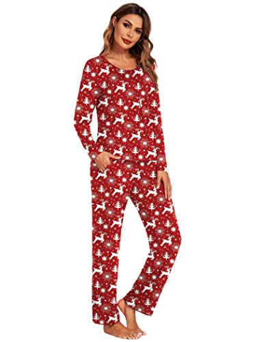 Ekouaer Pajama Sets Long Sleeve Sleepwear Womens Two Pieces Pleated Nightwear Soft Pj Lounge Sets Christmas #TOP2