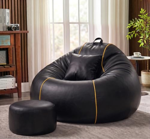 Image of Sattva Piping 2XL Sofa Style Bean Bag Chair with Beans Filled | Faux Leather Bin Bags Set with Footstool & Cushion | Beam Bag for Adults, Teens, Home & Living Room - Black with Yellow Piping