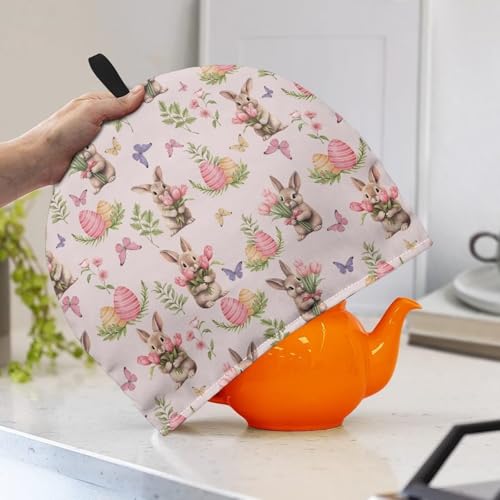 Image of Tulips Floral Bunny Teapot Cozy Tea Cozies Insulated Keep Tea Warm Tea Pot Cozies Teapot Dust-Proof Cover Perfect for Easter Holiday Decor