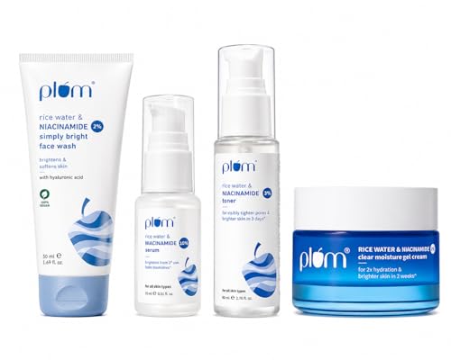 Image of Plum Niacinamide 4-Step Skincare Combo | Face Wash 50g + Toner 80ml + Serum 15ml + Gel Cream 25g | Rice Water Routine | Brightening, Oil Control & Blemish Care | All Skin Types