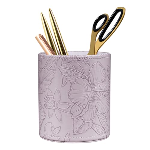 Image of Round Leather Pen Holder for Desk, Desktop Organizer,(Carved Purple)