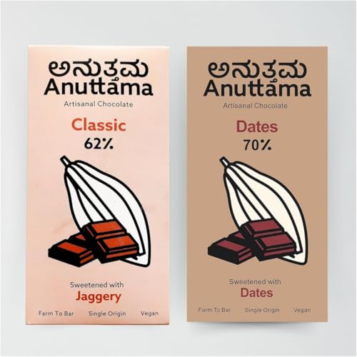 Image of ANUTTAMA Dark Chocolate (50g x 2) | No Artificial Flavours & Colors | Natural Chocolate Bar Combo of Dates & Classic | 70% Cocoa & 62% Cocoa | Dark Chocolate Bar | No Artificial Flavours Chocolate