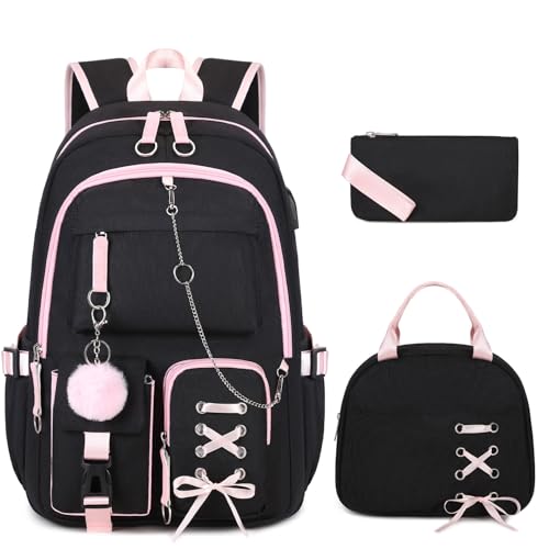 ACESAK Mochilas para meninas, adolescentes, crianças, escola primária, ensino médio, universitária, mochila escolar para livros, Preto e rosa com corrente