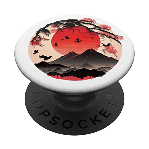 Heavenly Horizon Japanese Scenery of Blossoms and Mountains PopSockets Swappable PopGrip, Black