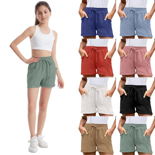 Girls Tie Front Linen Shorts with Pockets Casual Cotton Elastic Waist Shorts with Drawstring Trendy Summer Beach