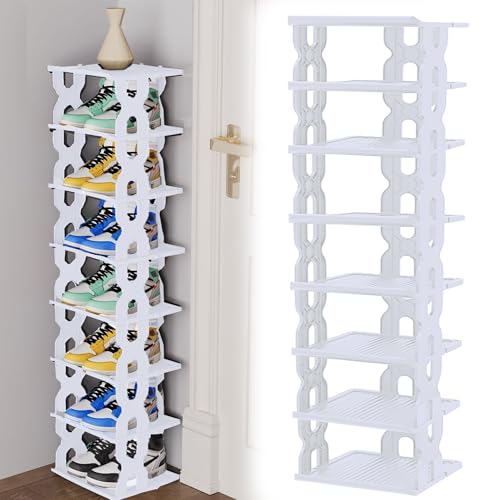 SUQ 8 Tier Supporti per Scarpe Stretti, Torre per Scarpe Angolari, Organizzatore di Scarpe Salvaspazio, Scaffale Impilabile per Ingresso, Corridoio e Armadio (Bianco)