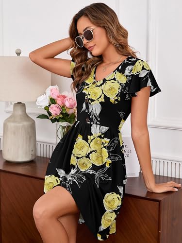 Image of Heymoments Women's Ruffle Sleeve V Neck Swing Sundress Summer Casual A-Line Midi Dress with Pockets S-2XL