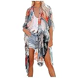 💞😍👘Elegantes Design: Blumige Chiffon-Strickjacke mit vollem Modedruckmuster. Halbärmeliges, schier lockeres Outfit. Lang genug, um deine Hüfte zu bedecken.