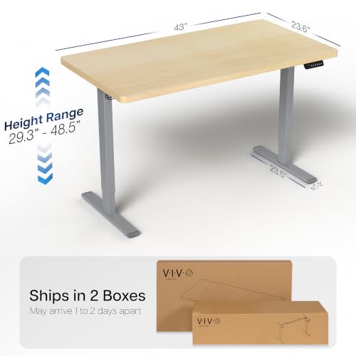 Image of VIVO Electric 43 x 24 in Standing Desk, Memory Height Adjustment, 1B Series, Holds 220 lbs, One-Piece Light Wood Top, Gray Frame, DESK-KIT-1G4C