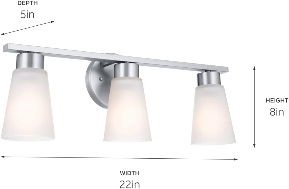 Kichler Stamos 3-Light Bathroom Vanity Light with Satin Etched Glass Shades, 22" Modern Wall Light in Brushed Nickel, (22" x 5" x 8")