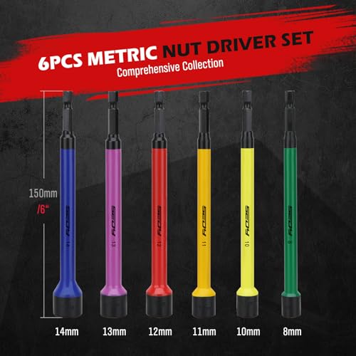 Magnetic Impact Nut Driver Set: 6-Piece Metric Color Coded Nut Setter Set 6 Inch Length CR-V Nut Driver Tool Set 1/4 Inch Hex Shank Extra Long Nut Driver Bit Set