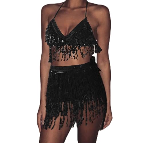 Generisch Robe pour femme - Ensemble de costume Belly à pompons - Jupe portefeuille - Mini paillettes + gilet - Costume pour femme et ensemble - Robe maxi...