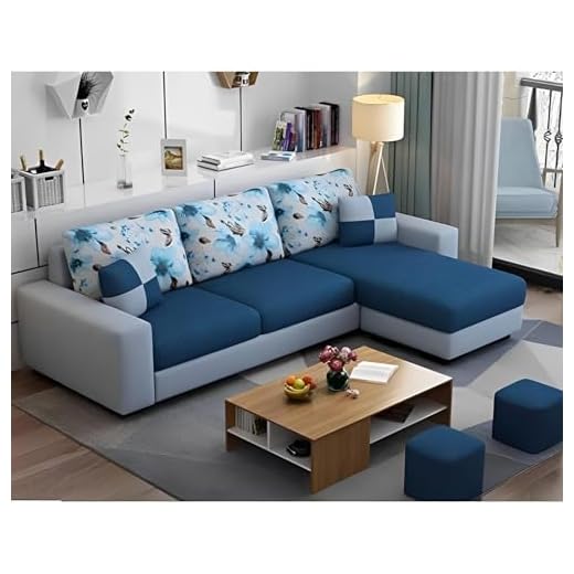 Casaliving Rolando Wood 4 Seater L Shape Sofa for Living Room with 2 Puffy - (Blue Grey) LHS