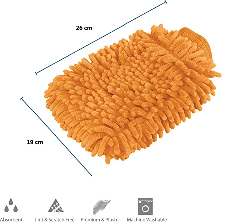 Image of OAN Car Wash Mitt - Scratch-Free Waterproof Chenille Microfiber Washing Mitts, Cleaning Gloves for Dirt & Bugs - Premium Sponge Cloths for Cars, Bikes, Office, and Home - 2 Pack (Orange)