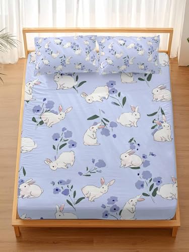 Twin XL Bed Fitted Sheets Spring Easter White Cute Rabbit