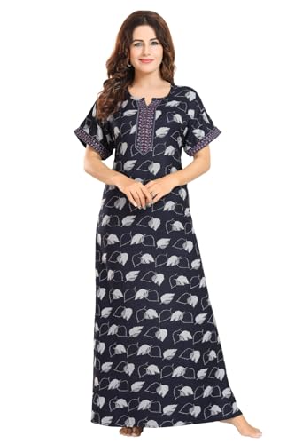Image of Fabme Women's Cotton Printed Long Maxi Night Gown Nighty Dress with Pocket & Embroidery on Neck and Sleeves