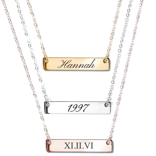 MignonandMignon Custom Engraved Name Bar Necklace, Personalized Jewelry for Women, Coordinates, Names, Dates, Bridesmaid, Engagement, Gift for Her – 4N