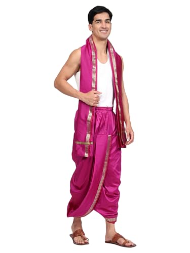 Image of Rameshwaram Fabrics Mens Ready to Wear Silk Dhoti with Angwastra Set - Pocket Dhothi