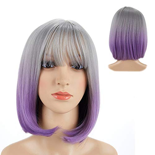 BeliHair Grey Ombre Purple Wigs with Bangs Straight Short BOb Costumes Wig for Women Halloween Cosplay Party Synthetic Shoulder Length Wigs with Wig Cap