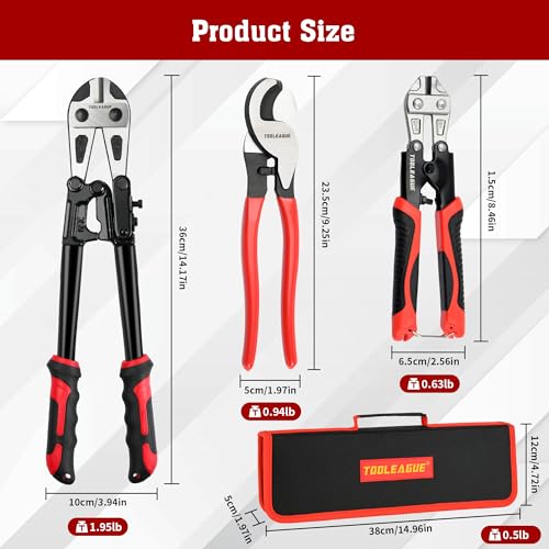 TOOLEAGUE 3Pcs Bolt Cutter Pliers Set,14" Heavy Duty Bolt Cutter,10" Wire Cable Cutter,8" Mini Bolt Cutter with Storage Bag,CR-V Blade, Easily Cut Locks, Barbed Wire, Thick Wire,Bolts, Rods, Chain