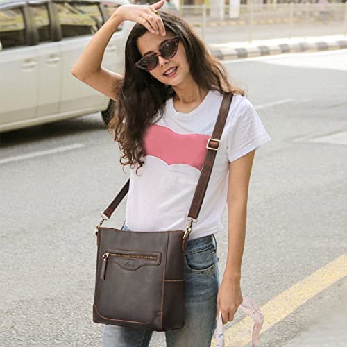 S-ZONE Women Genuine Leather Bucket Shoulder Bag Vintage Crossbody Purse with Outer Pocket2
