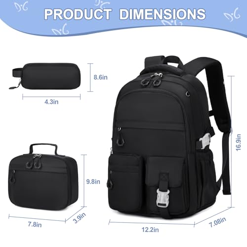 3PCS Girls Backpack for School, Kids Backpack for Girls with Lunch Bag Pencil Case, Kids Bookbag Teen Girl Backpacks for Elementary Middle High College School (Black)2