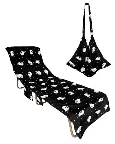 Black Halloween Beach Lounge Chair Towel Cover, Soft Chaise Lounge Towel with Side Pockets Patio Pool Chairs Cover for Beach/Pool Sunbathing 29x85 White Ghost Classic Black