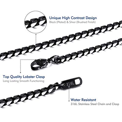 Mowom Black Chain Necklace For Men Women Water Resistent 316L Stainless Steel Big Thick Cuban Link Chains Plated & Brushed Finish Silver Color With Gift Box (3.5 Mm Wide, 20 Inches Long) #TOP1