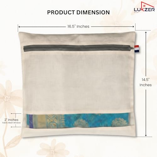 Image of Lukzer Single Cotton Saree Bags /Covers for Storage Set of 12 (16 x 14 Inches) Big Size with Zip Closure & Transparent Mesh Window Wardrobe Organizer for Sarees /Clothes /Lehenga /Dress Storage SSC-01-12