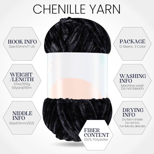 Image of Xinnun 12 Skeins 1116 Yards Chenille Velvet Soft Thick Plush Yarn Bulk for Crocheting Knitting Blanket DIY Weaving Craft, 6mm, 3.5 Oz /Skein(Black)