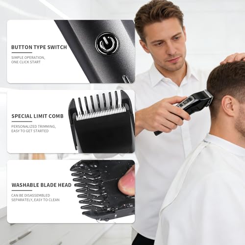 Image of Professional High-Power Hair Clipper for Men, Silent Motor Hair Trimmer, Digital Display, Adjustable Speed & Gears, Ceramic Blade, 4 Limit Combs (3-12mm), 3H Runtime, Quick Charging
