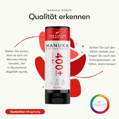 New Zealand Honey Co. Manuka Honig MGO 400+ | 500g Quetschflasche | Aktiv und Roh | Hergestellt in Neuseeland | Zertifiziertem Methylglyoxal Gehalt | 500g