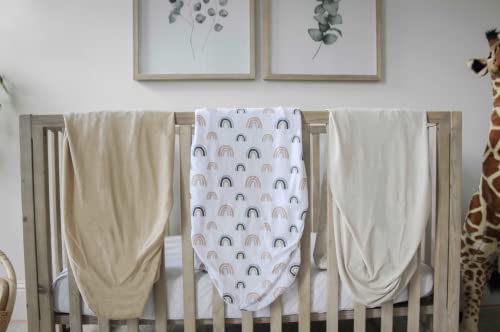 Nodnal Co. 3 Fitted Crib Sheets Rainbow & Solid Colors Set - 100% Oeko-Tex Cotton For Baby Girl/Boy Nursery Bedding - Boho Gender Neutral Watercolor Beige/Tan Set Toddler Mattress 28”X52”X9” Sheet #TOP1