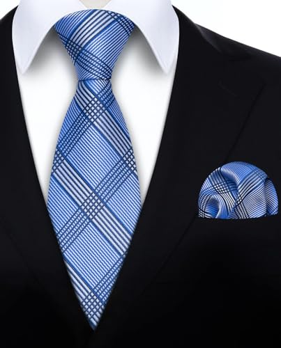 Image of HISDERN Ties for Men Formal Business Plaid Checked Mens Ties and Pocket Square Set Classic Wedding Necktie Handkerchief