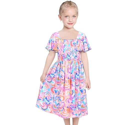 Sunny Fashion Girls Dress Rainbow Colorful Swirl Tie Dye Ruffle Square Neck Casual2