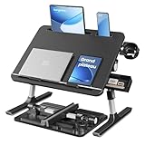 table ordinateur verre noir Polyvalente : Avec son plateau de 56 x 40 cm, cette table pliante convient à la plupart des ordinateurs portables et à la lecture. Le porte-gobelet peut servir de support pour téléphone et le plateau latéral rétractable permet de ranger des petits objets