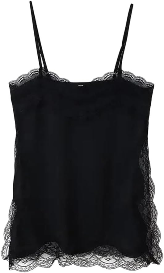 Women Daily Layering Satin High Low Tops Silk Spaghetti Strap Side Split Asymmetrical Top Silky