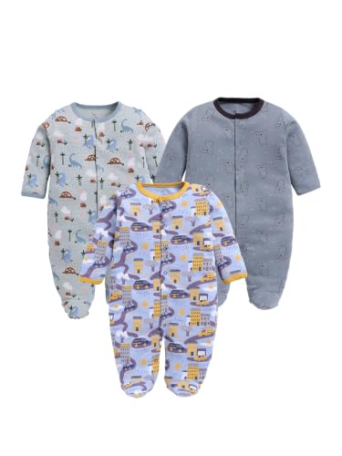 Image of BABY GO Baby Sleepsuit Pack of 3 | 100% Cotton Full Sleeve Footed Romper for Newborn Baby Boys & Girls | Front Open Snap Button Onesie Jumpsuit | Soft Breathable Nightwear