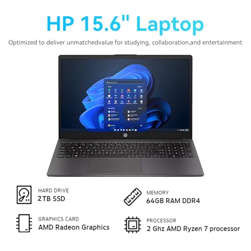 Image of HP 255 G10 Business and Study Laptop 2025 Updated, 15.6 inch FHD, AMD Ryzen 7 7730U (64GB RAM | 2TB SSD), Numeric Keypad, Webcam, Windows 11 Pro, WiFi 6& Bluetooth with G255 5-in-1 Accessory Kit Box