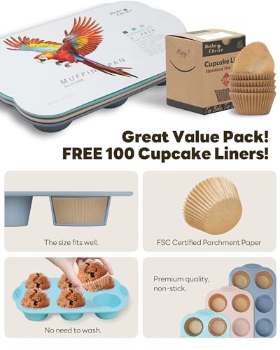 Bake Choice Silicon Muffin Pan-3-pack includes 100 Natural Cupcake Liners, 6-cavity Regular Size, BPA Free, Egg Bite & Muffin Molds for Baking - Thumbnail 2