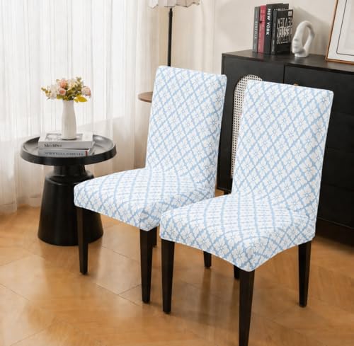 Image of HOMETHREADS Stretchable Elastic Jacquard Chair Seat Cover and Waterproof Dining Table Cover | Removable,Washable & Durable Chair Protector |for Dining Room (F Blue, 4Chairs+1Table Cover (150X180))