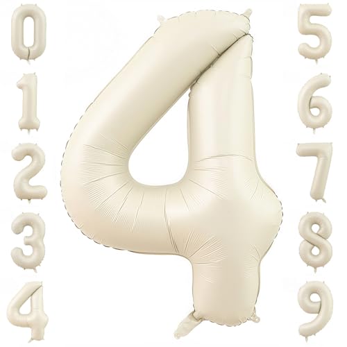 Image of Cream Number 4 Balloons,40 Inch 4 Balloons Giant Helium Foil Mylar Beige 4 Balloon Number for Birthday Party Anniversary Decorations