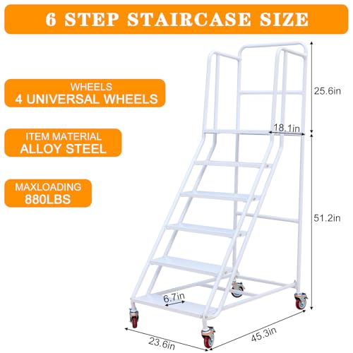 Image of 6 Step Rolling Ladder - Mobile Rolling Stairs with Wheels, Heavy Duty Industrial Safety Non-Slip Metal Rolling Ladders, 880lbs Capacity, for Warehouse, Garage, Supermarket