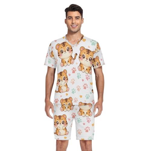 Mens Short Sleeve Pajama Set Cute Tiger Pattern Prints Design 2-piece Lounge Sleep Sets Men's Sleepwear S-XXL4