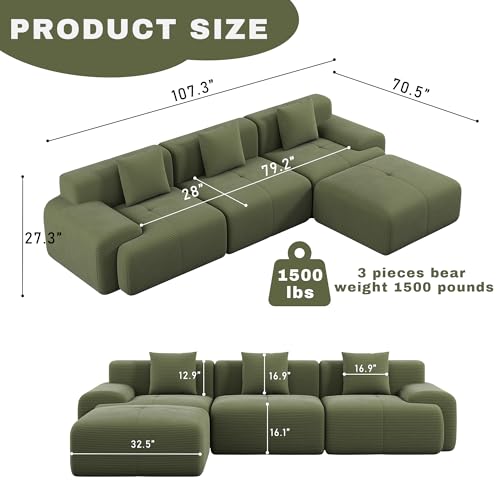 Image of 107 inch Cloud Modular Sectional Couch,Boneless Sofa with Ottman,L-Shape Upholstered Sofas with Deep Seat,Modern Cozy Corduroy Couches with Memory Foam,No Assembly Required for Living Room(Green)