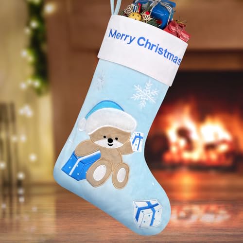 Christmas Stocking Baby First Christmas Stockings 20 Inch Pink Blue Kids Christmas Stockings with Bear Embroidered Children Christmas Stocking with Gift Box for Boys Girls Large Xmas Stocking