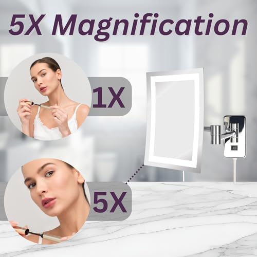 JERDON 5X Magnification Wall Mount Makeup Mirror – Chrome Finish, 8.75” x 6.5”, Extends 15.5” – Model JRT710CL