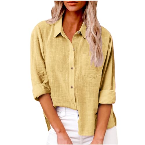 Cotton Linen Shirts for Women 3/4 Sleeve Button V Neck Blouses Summer Beach Holiday Gauze Loose Tunic Casual Y2k Tops