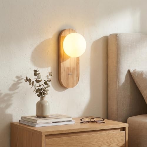 BARCELONA LED Aplique de Parede SOMA com Globo em Vidro Opalino e Madeira Natural | Candeeiro de Parede E27 com Interruptor | Design Escandinavo Minimalista para Quarto, Sala e Corredor