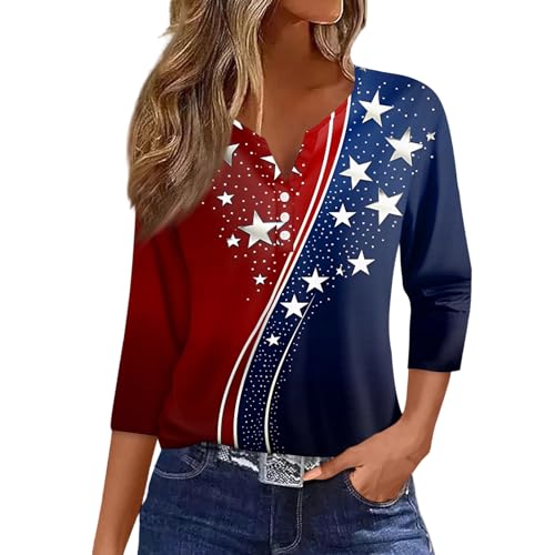 Image of 4th of July Shirts Women 3 /4 Length Sleeve Womens Tops Henley Neck Casual Patriotic T Shirts